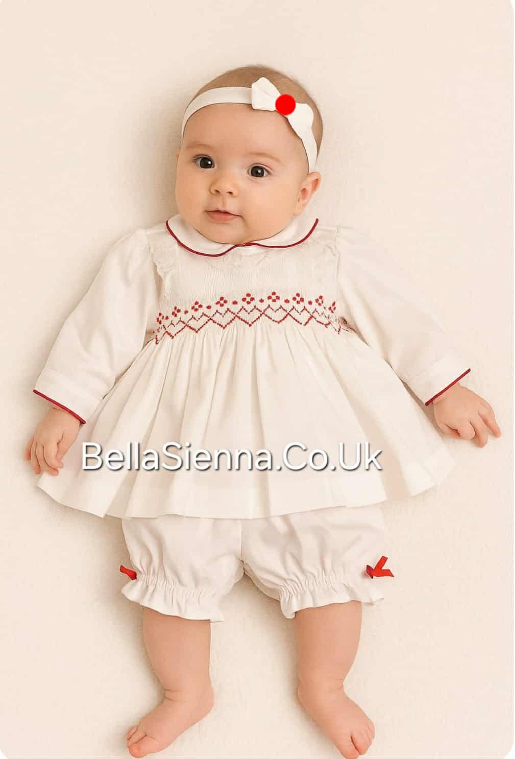 Pretty Originals Girls Ivory & Red Hand Smocked Dress, Bloomers & Headband Set - MT02472