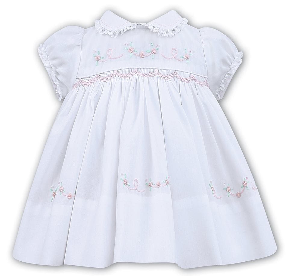 Sarah Louise White Smocked Dress With Lace trim Collar And Sleeves - 011452