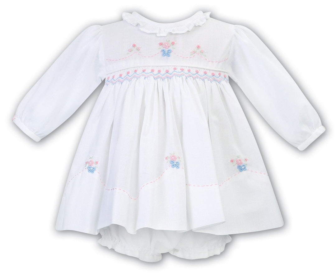 Sarah Louise Long Sleeved White, Blue & Pink Hand Smocked Dress With Matching Frilly Knickers - 012760