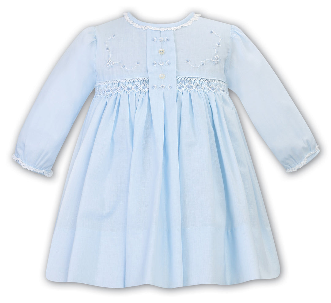 Sarah Louise Long Sleeved Blue & White Hand Smocked Dress - 012775