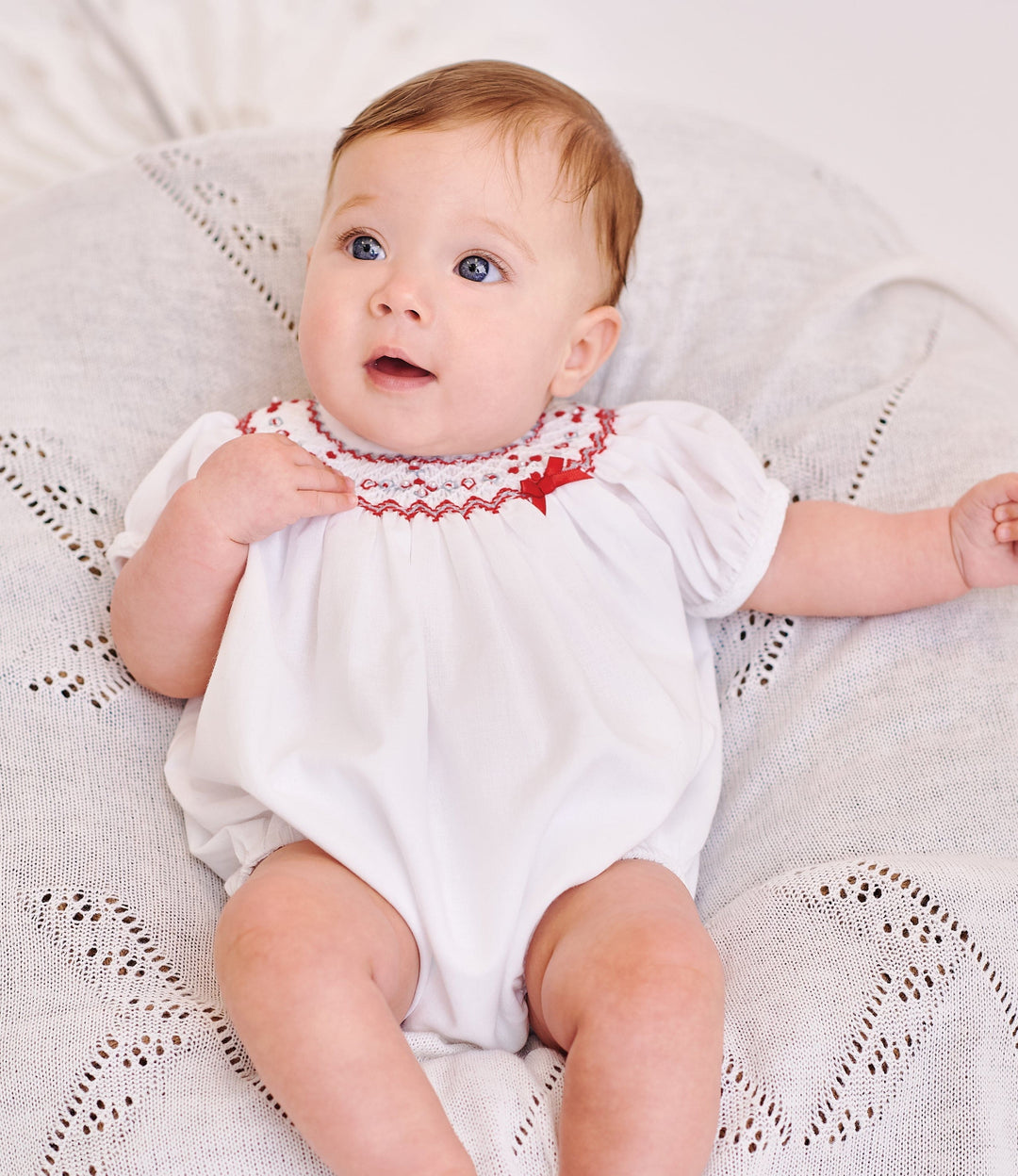 Sarah Louise White & Red Smocked, Long Sleeved Bubble Romper - 012765L C6004
