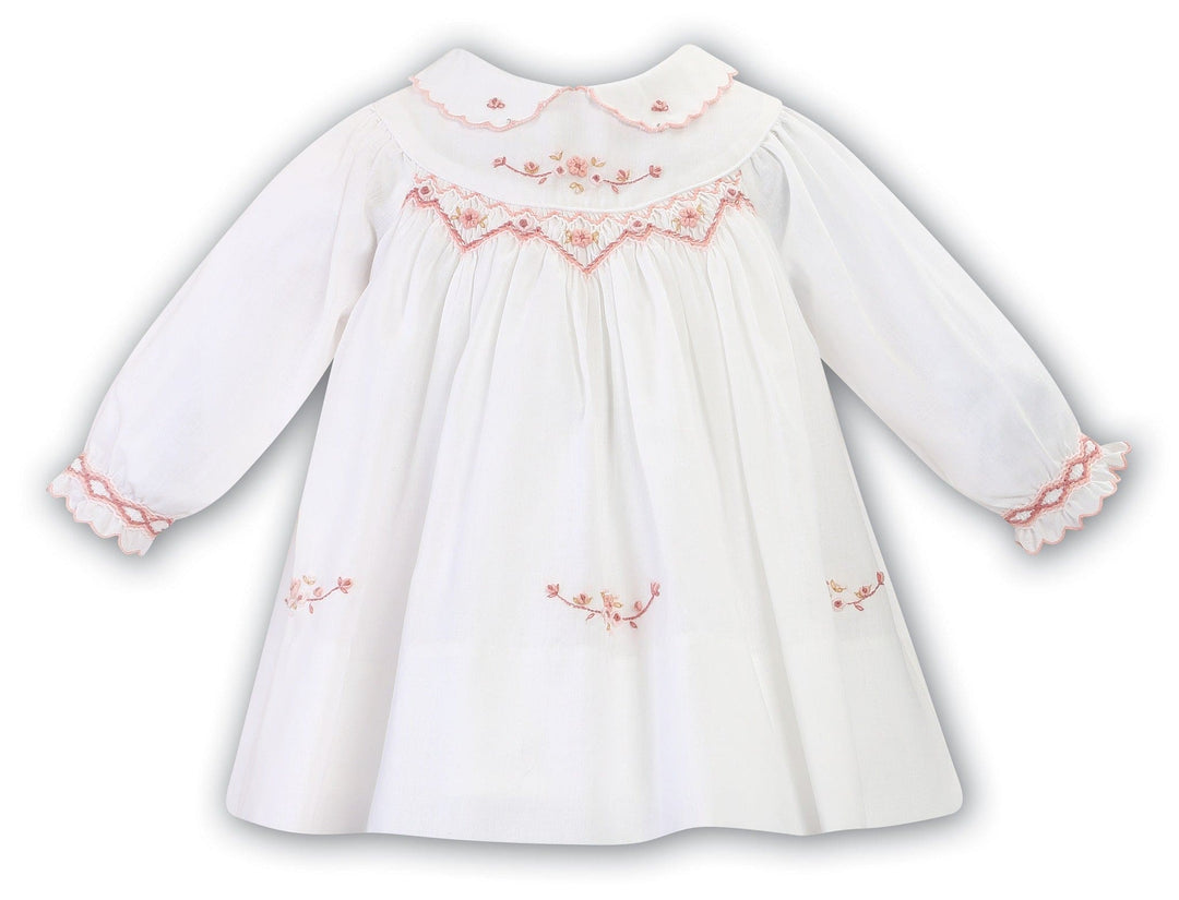 Sarah Louise Long Sleeved Ivory & Peach Hand Smocked Dress With Collar - 013080