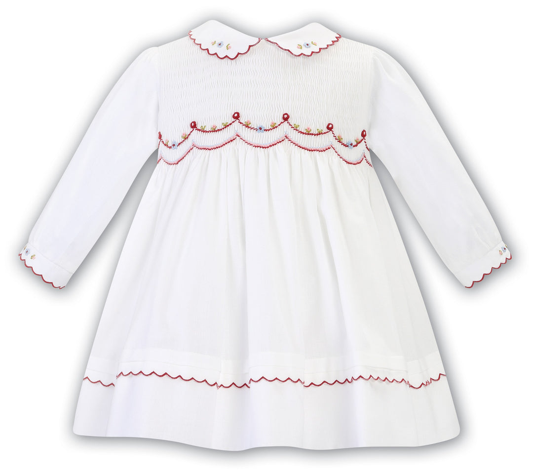 Sarah Louise Long Sleeved Ivory & Burgundy Hand Smocked Dress With Collar - 013099