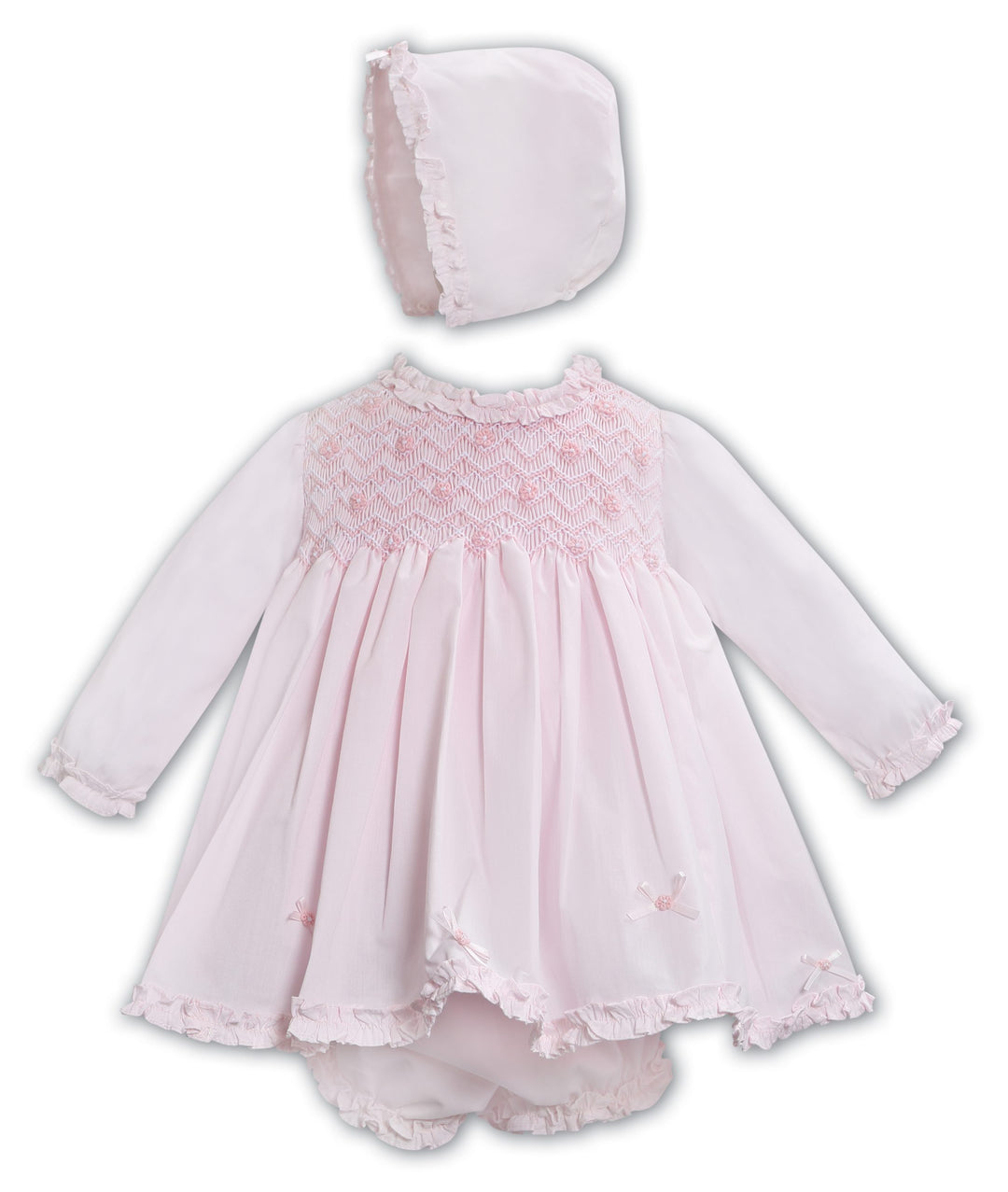 Sarah Louise Pink Hand Smocked Dress, Pants & Bonnet Set - 013347