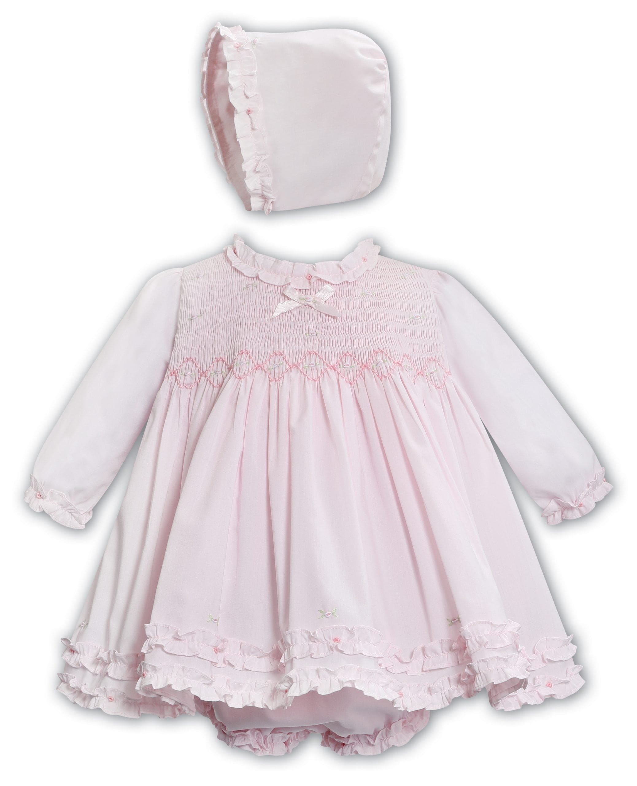 Sarah Louise Pink Hand Smocked Dress, Pants Bonnet Set 013348