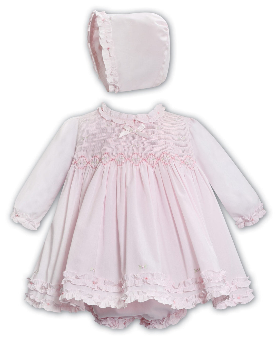 Sarah Louise Pink Hand Smocked Dress, Pants & Bonnet Set - 013348