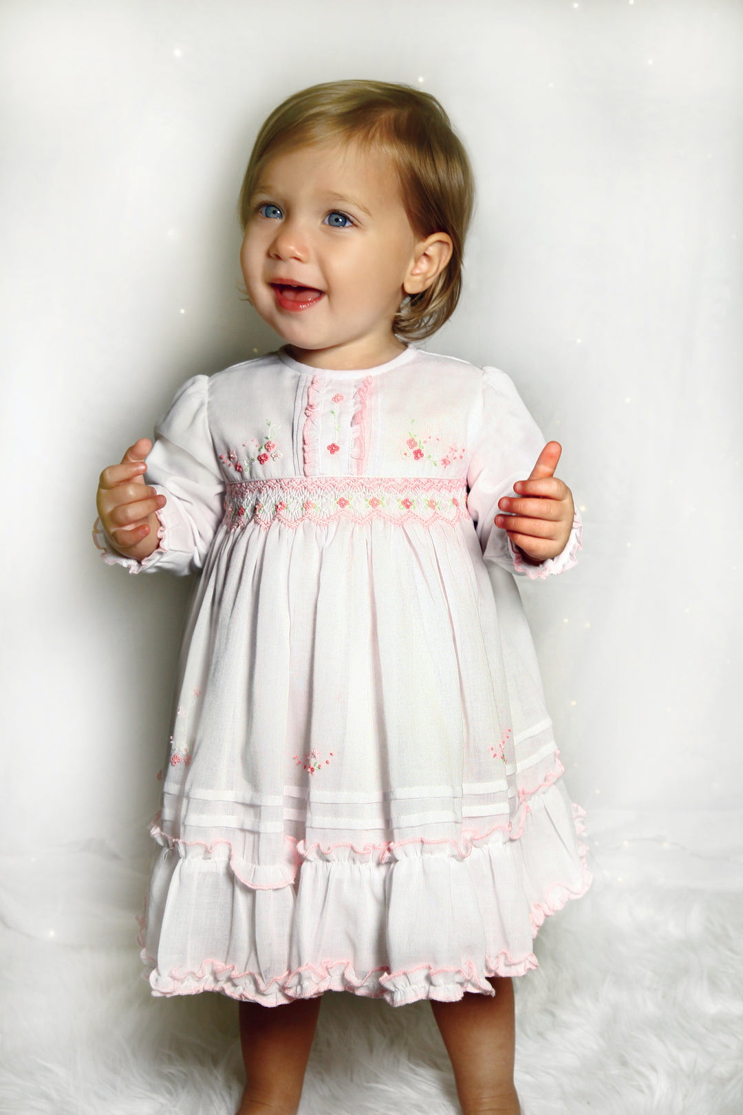 Sarah Louise White & Pink Hand Smocked Dress - 013364
