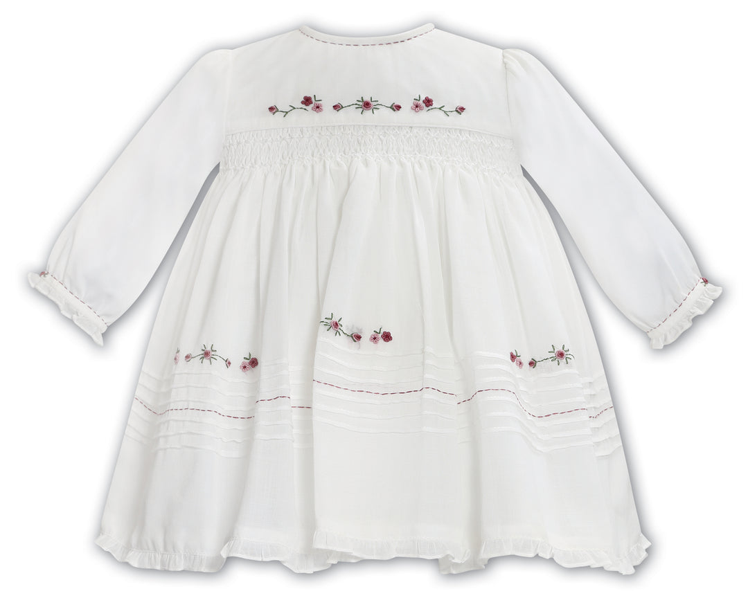 Sarah Louise Ivory & Burgundy Hand Smocked Dress With Tiny Pearls- 013381