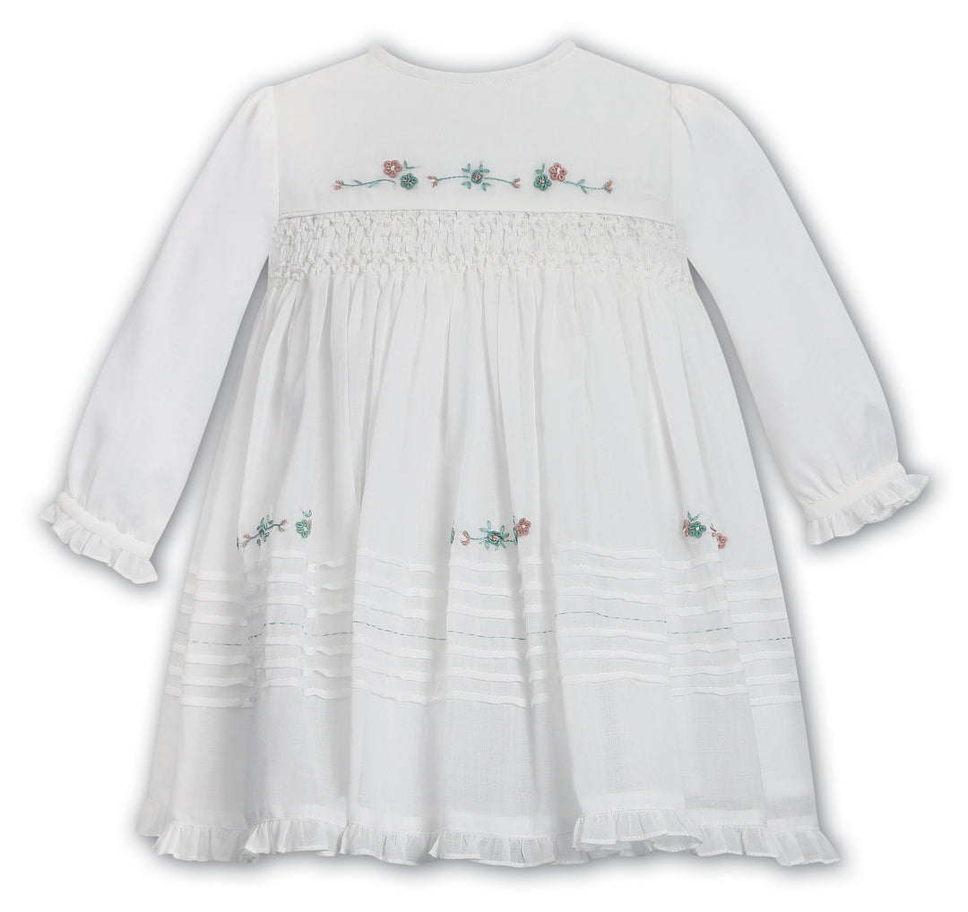 Sarah Louise Ivory & Sage Green Hand Smocked & Embroidered Dress - 013678
