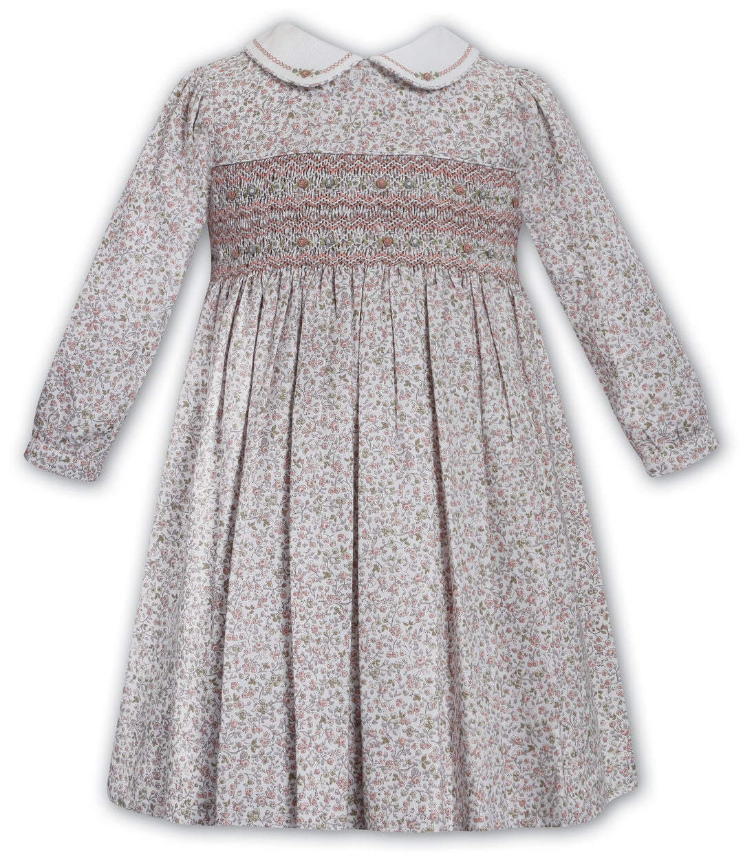 Sarah Louise Ivory & Terracotta Hand Smocked Floral Dress - 013730