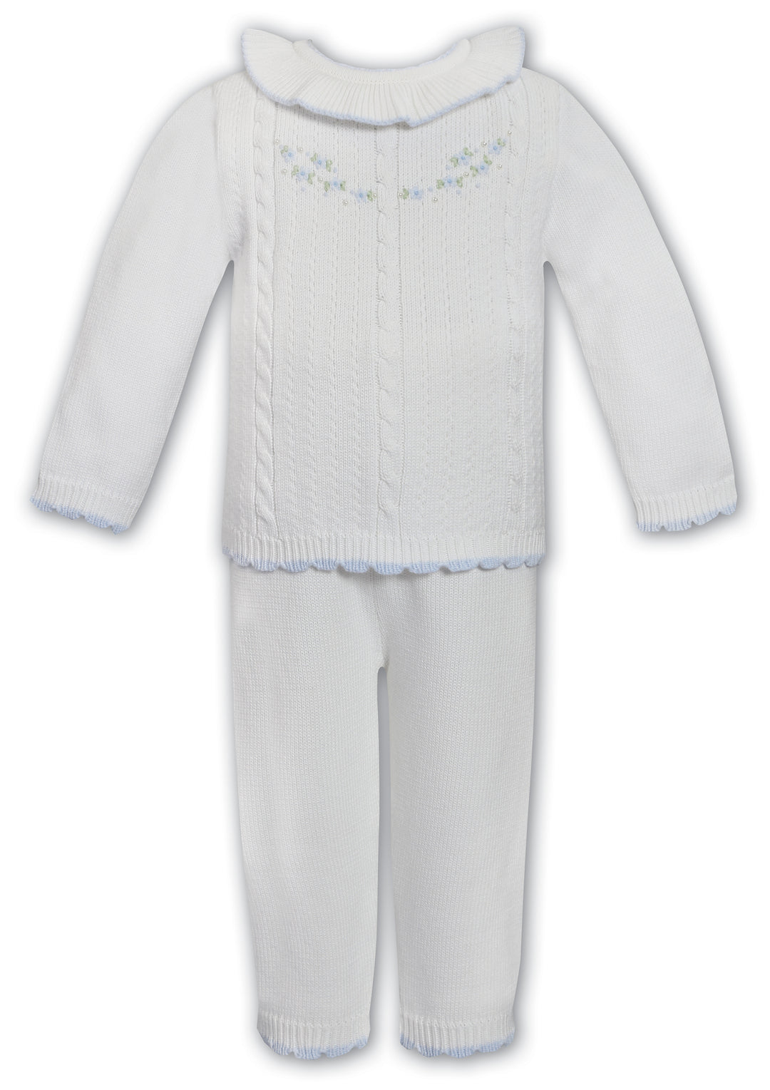 Sarah Louise Ivory & Blue Hand Embroidered Knitted Two Piece Set - 013741