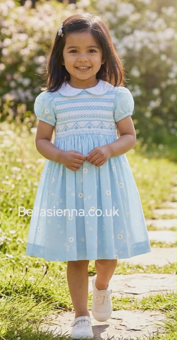 Sarah Louise Aqua Daisy Print Hand Smocked Dress - 013864 – Bella