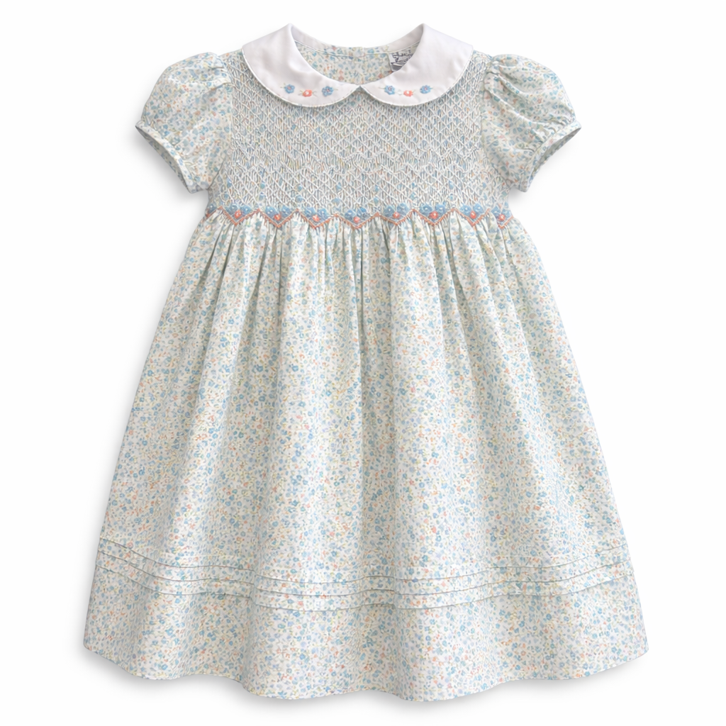 Sarah Louise Aqua Floral Hand Smocked Dress - 013875 – Bella Sienna