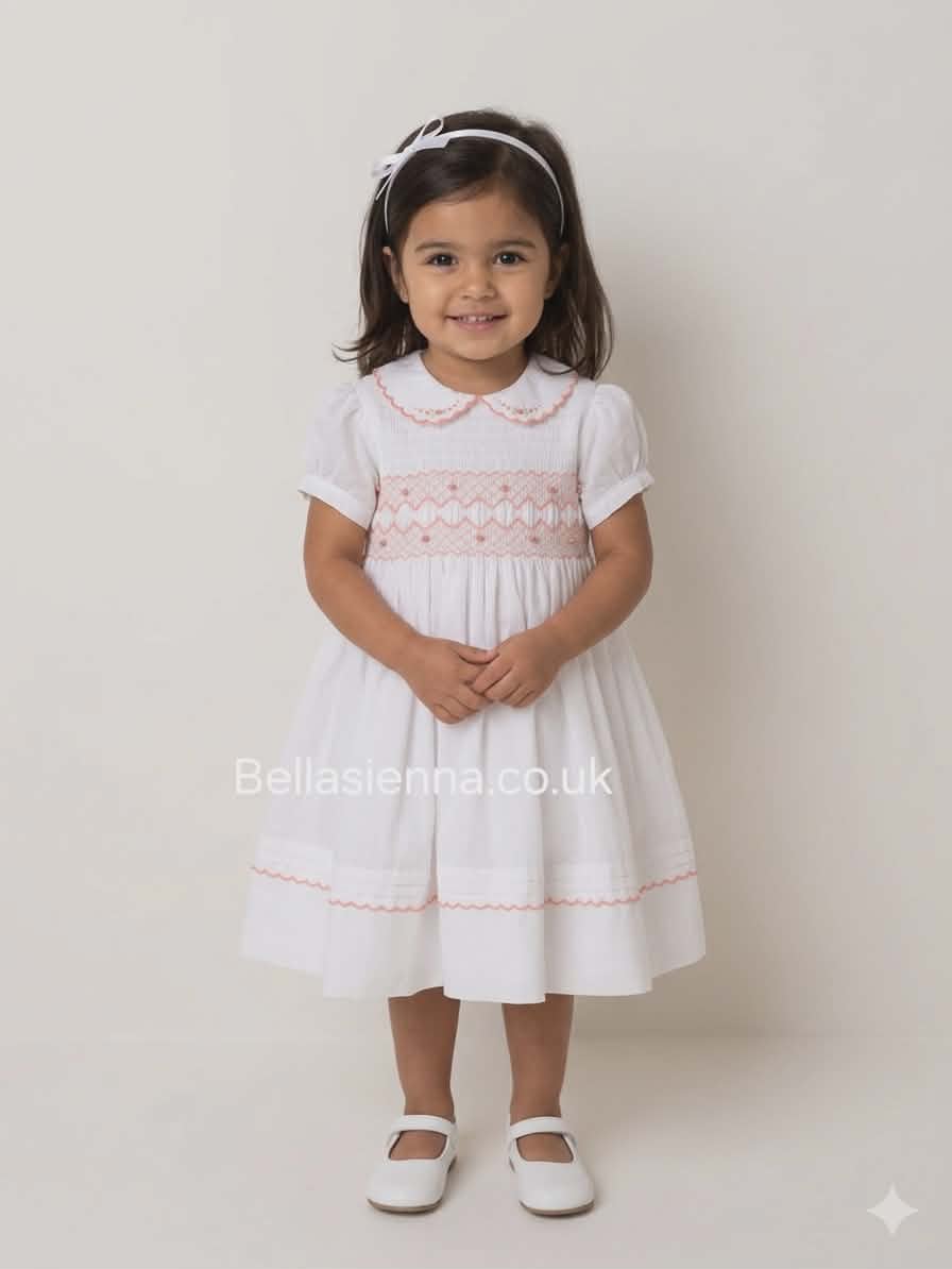 Sarah Louise White & Peach Hand Smocked Dress - 013878 – Bella Sienna