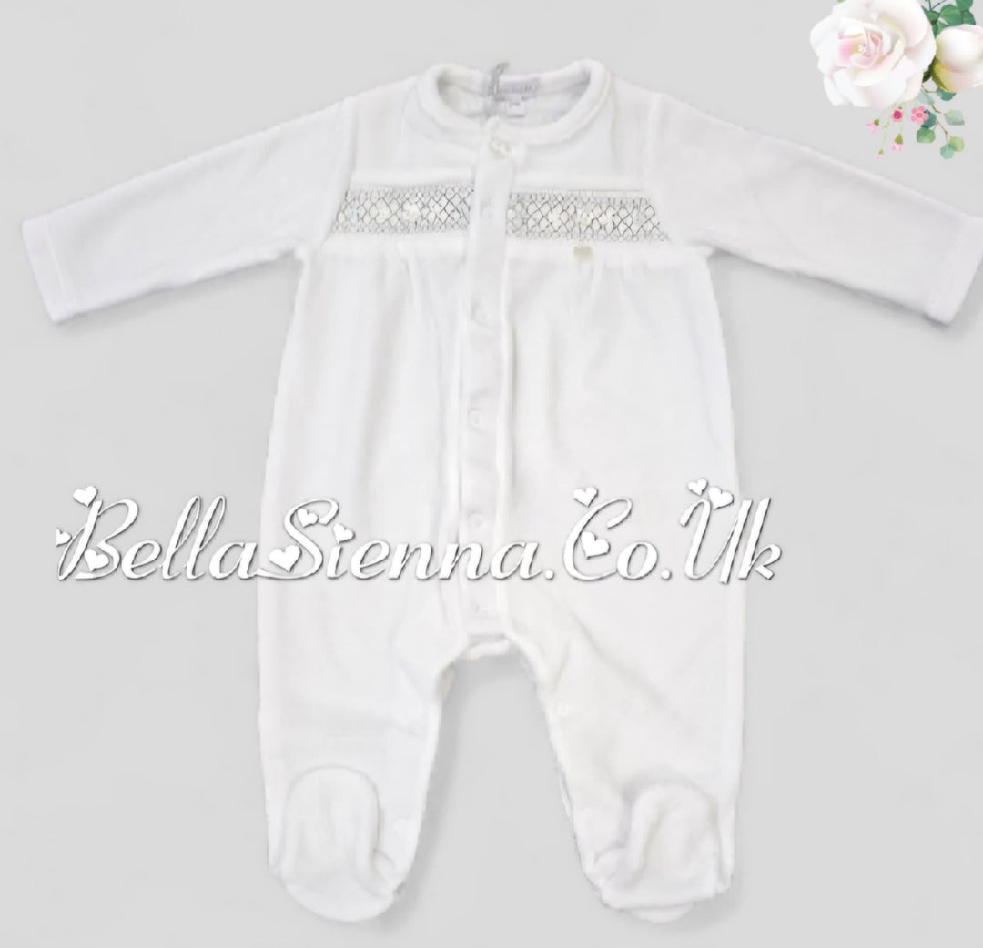 Unisex White Velour With Grey Smocking Detail Sleepsuit Babygrow - PP0303