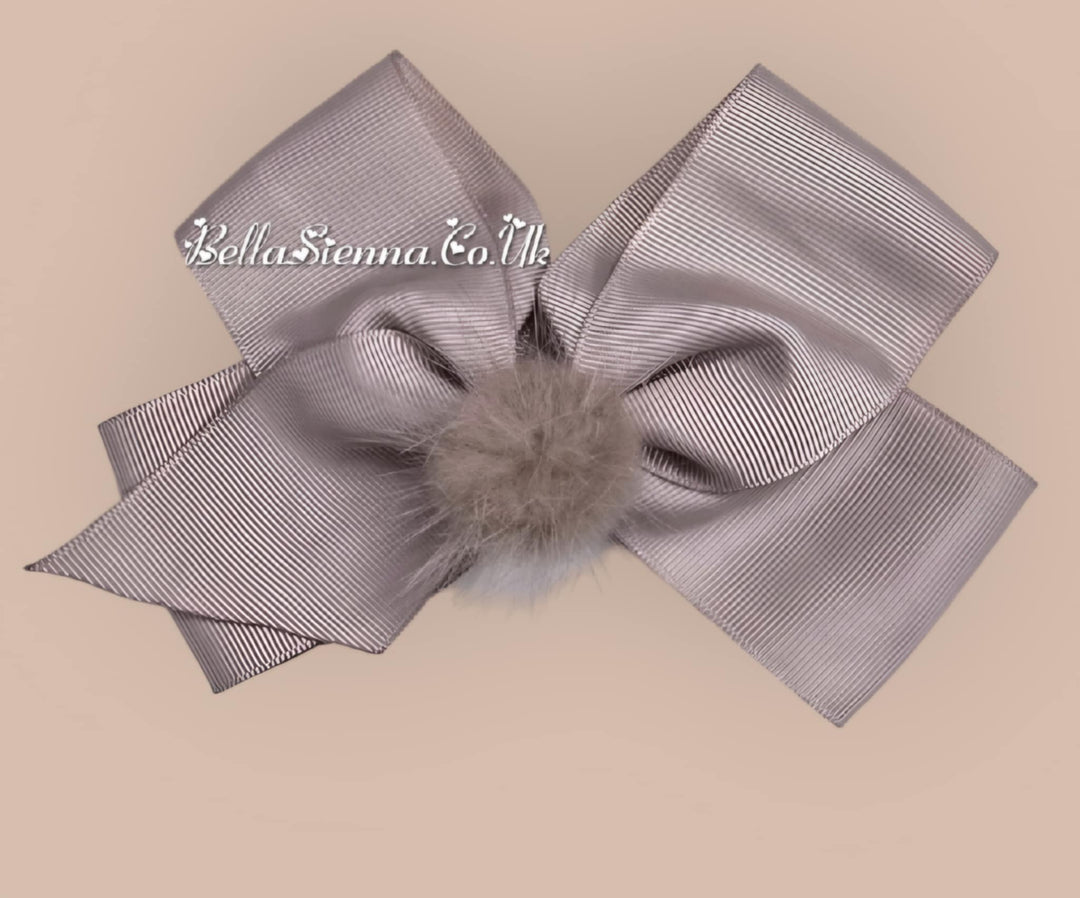Bowtique London 4 Inch Grey Medium Size Hair Bow With Fur Pom