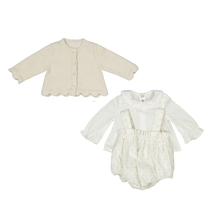 Mayoral Baby Girls Velour Ivory & Champagne Three Piece Set - Romper, Blouse & Cardigan  - 2245