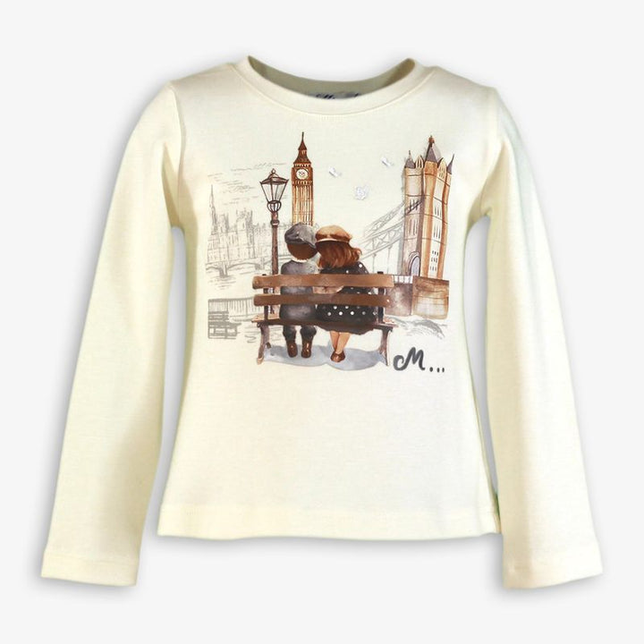 Miranda Girls Cream & Grey "London Scene" Skirt & Top Set With Gold Glitter Belt - 236