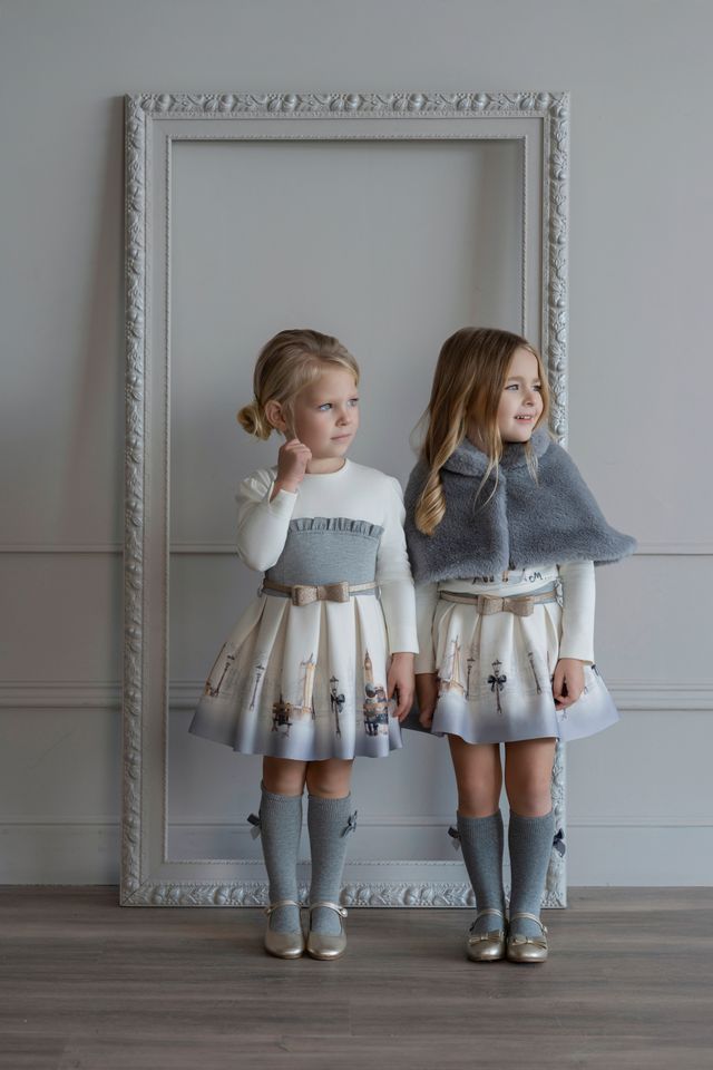 Miranda Girls Cream & Grey "London Scene" Skirt & Top Set With Gold Glitter Belt - 236