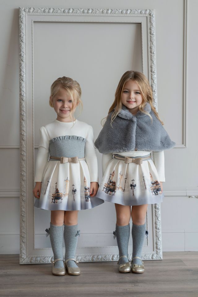 Miranda Girls Cream & Grey "London Scene" Dress With Gold Glitter Belt - 236 V