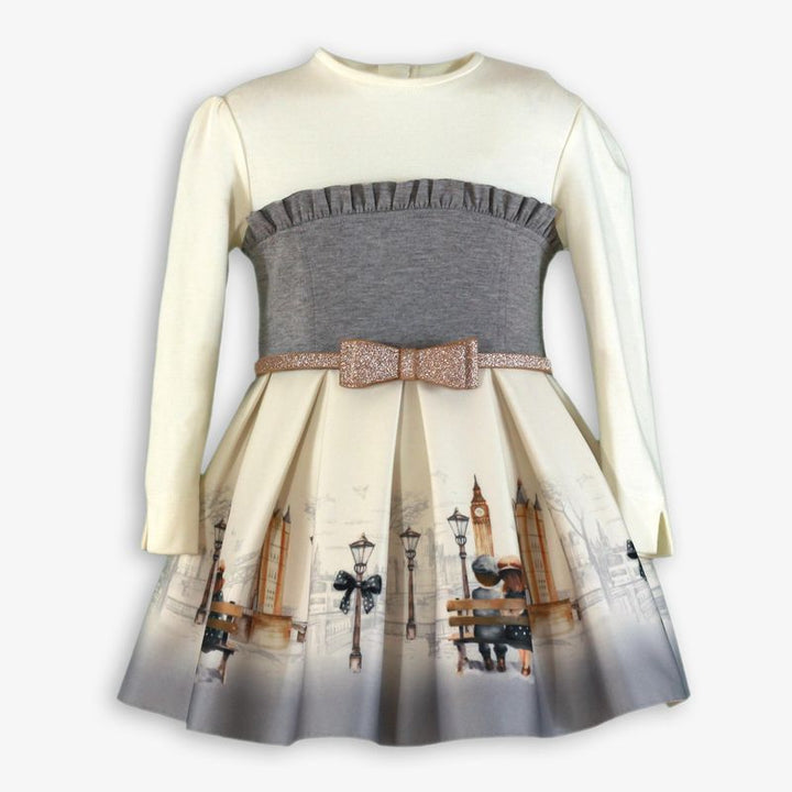 Miranda Girls Cream & Grey "London Scene" Dress With Gold Glitter Belt - 236 V