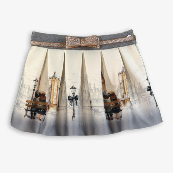 Miranda Girls Cream & Grey "London Scene" Skirt & Top Set With Gold Glitter Belt - 236