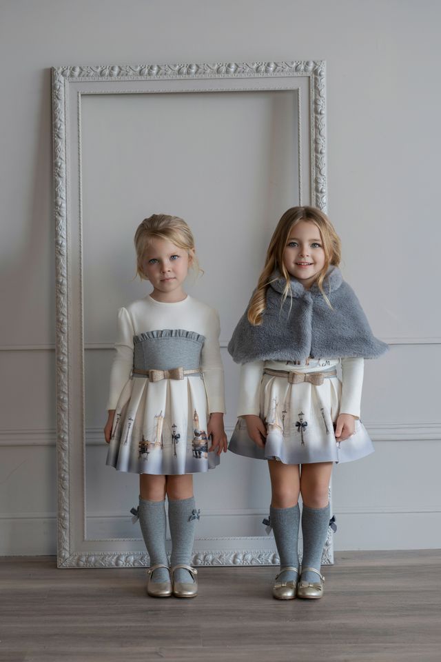 Miranda Girls Cream & Grey "London Scene" Dress With Gold Glitter Belt - 236 V