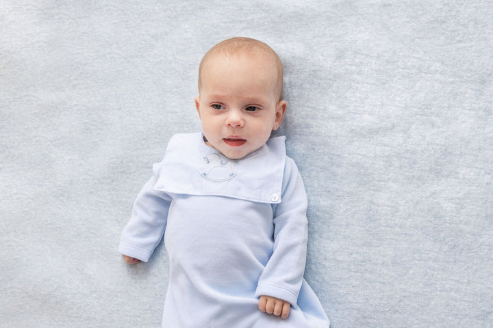 Blues Baby Blue Velour Rocking Horse Embroidered Unisex Babygrow - BB0150