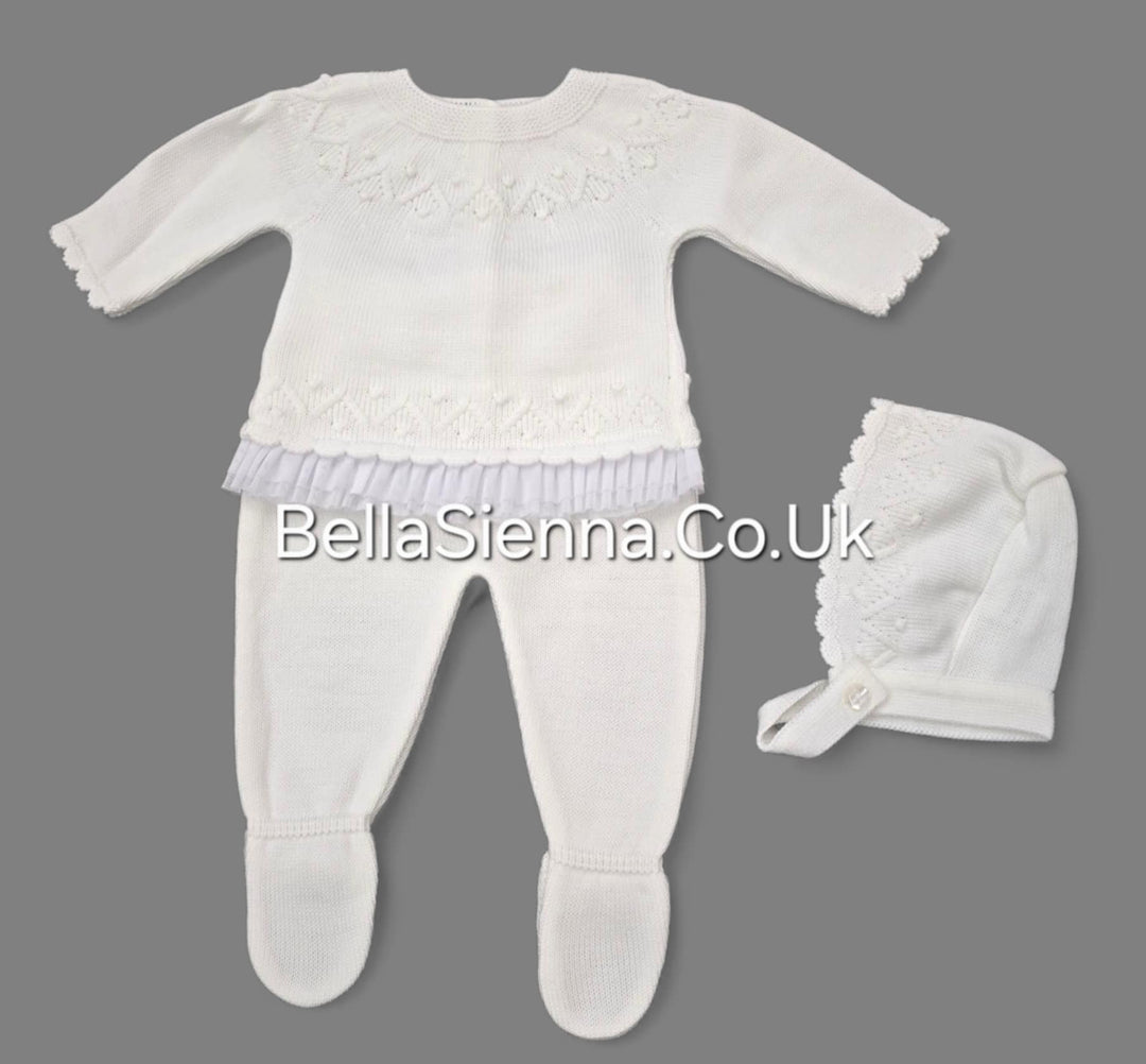 Girls Ivory Three Piece Knitted Set & Bonnet - C3014