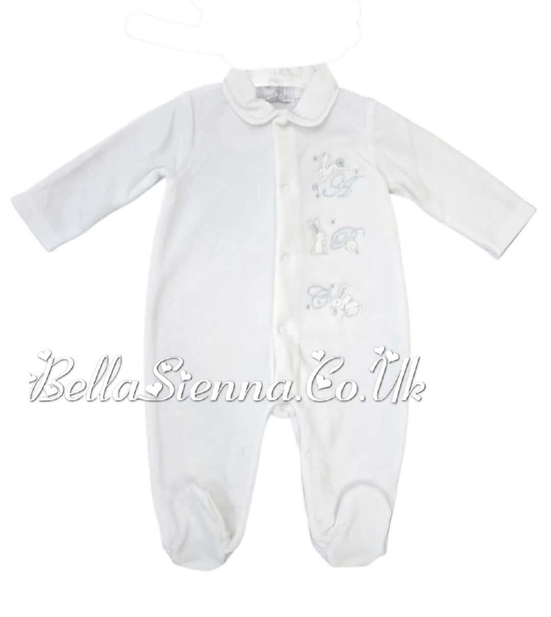 Unisex White Velour Embroidered Sleepsuit Babygrow - PP0301
