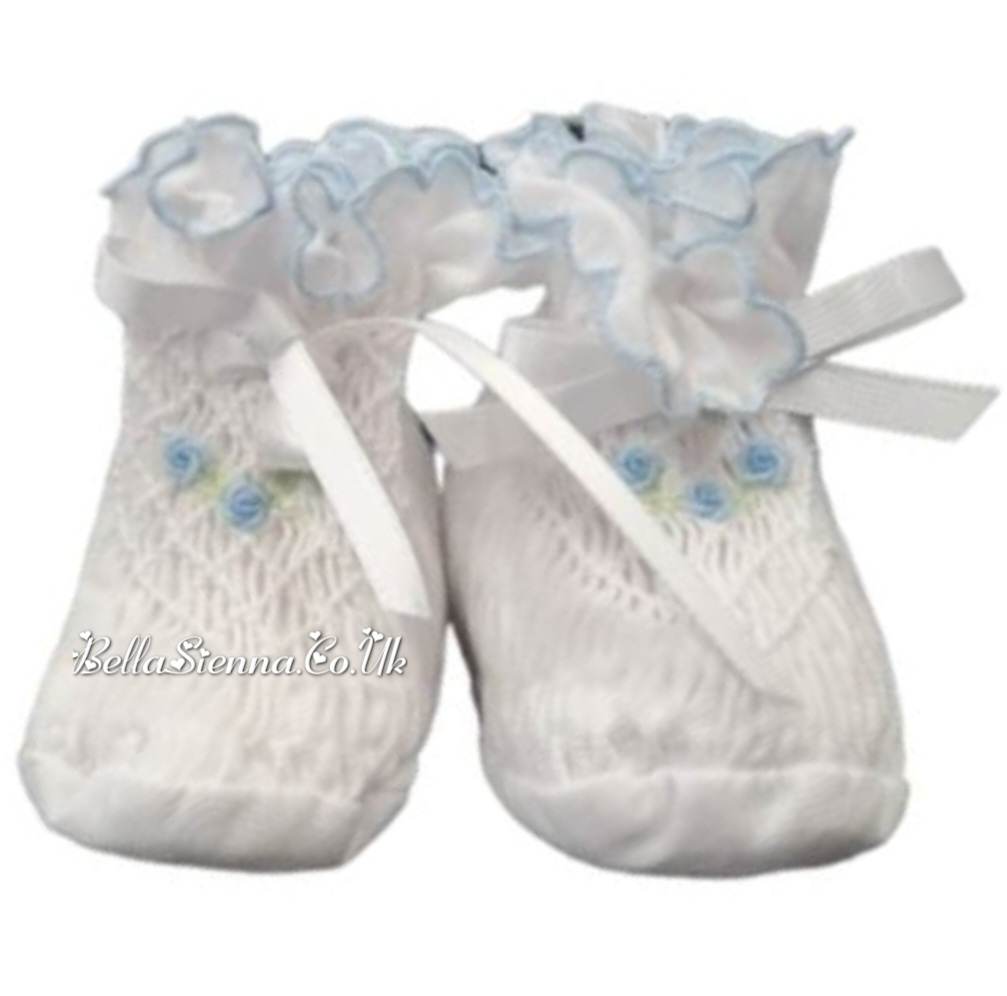 Sarah Louise White & Blue Smocked Booties - 004407