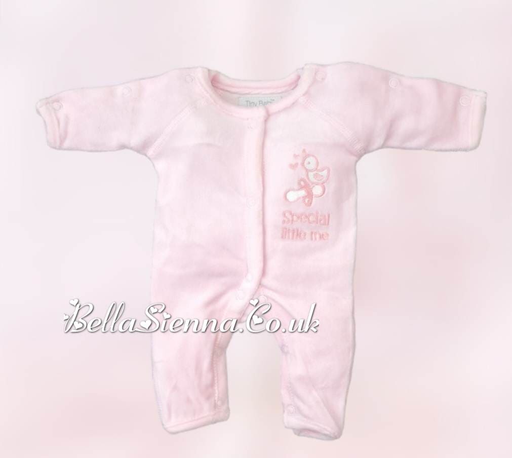 Premature Baby Girls Pink Velour Babygrow With Embroidery