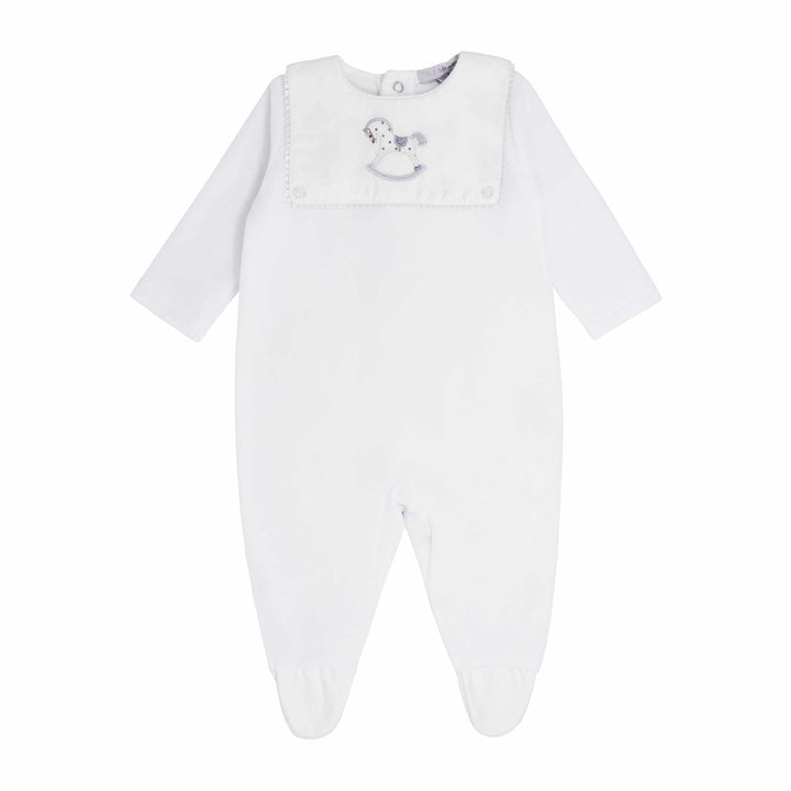 Blues Baby White Velour Rocking Horse Embroidered Unisex Babygrow - BB0151