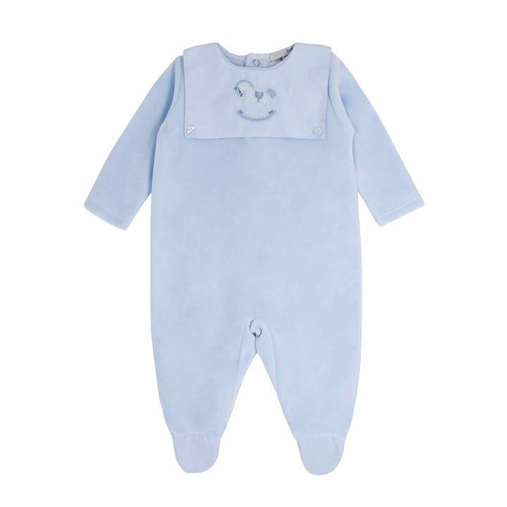Blues Baby Blue Velour Rocking Horse Embroidered Unisex Babygrow - BB0150