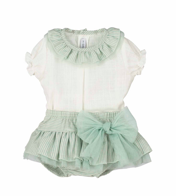 Calamaro Excellent Girls Mint Green Striped Blouse & Frilly Jam Pants Set - 17958