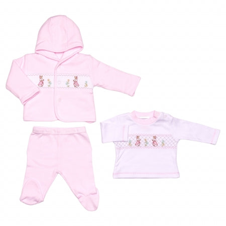 Premature Baby Pink Three Piece Smocked Outfit With Embroidered Rabbits - 40JTC9757