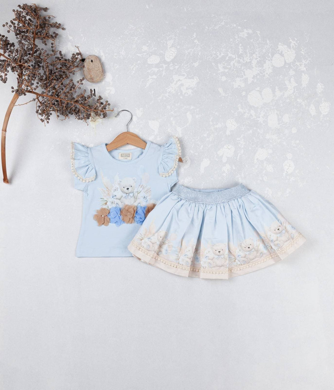Blue & Beige Teddy Bear Pearl Deatil Skirt & Top Set - 3605
