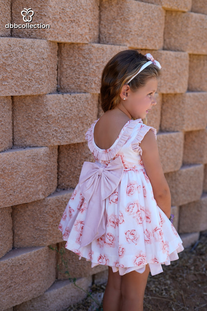 DBB Collection Girls Peach Floral Dress With Big Bow On The Back - 25002