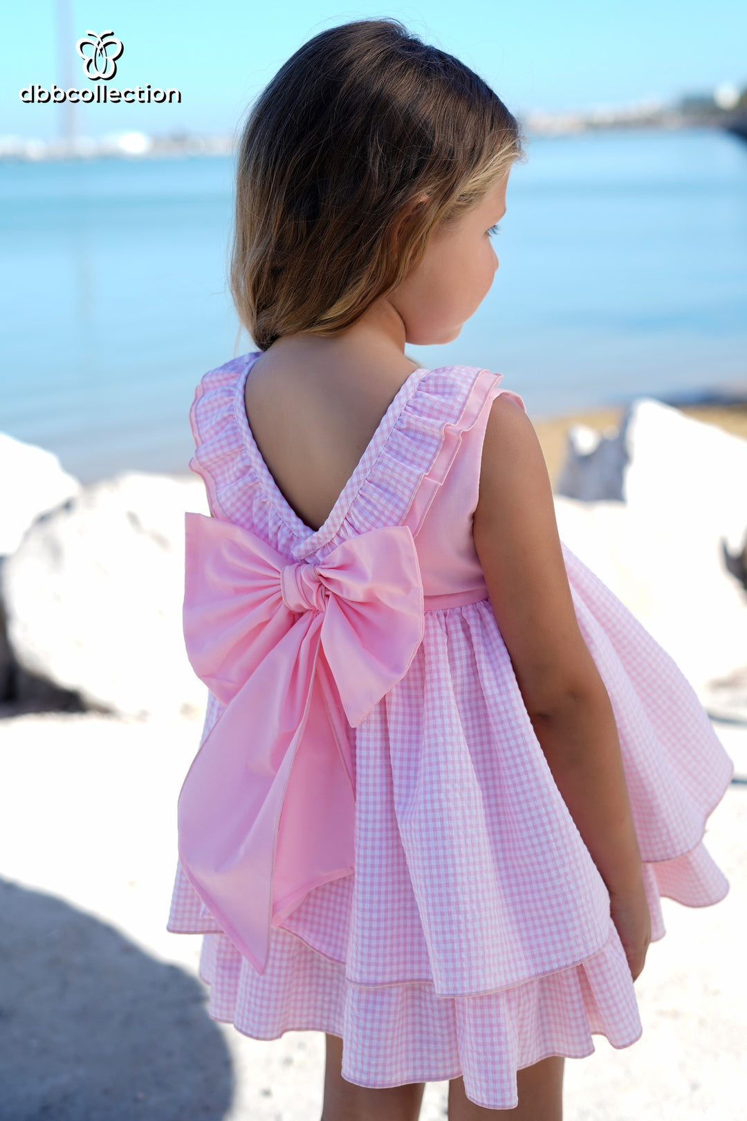 DBB Collection Girls Pink Gingham Dress With Big Bow On The Back - 24902