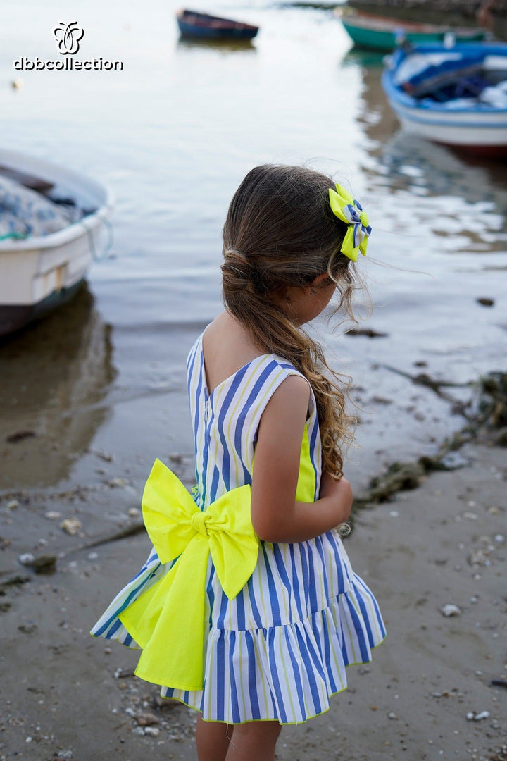 DBB Collection Girls Blue & Neon Yellow Dress With Big Bow On The Back - 22803