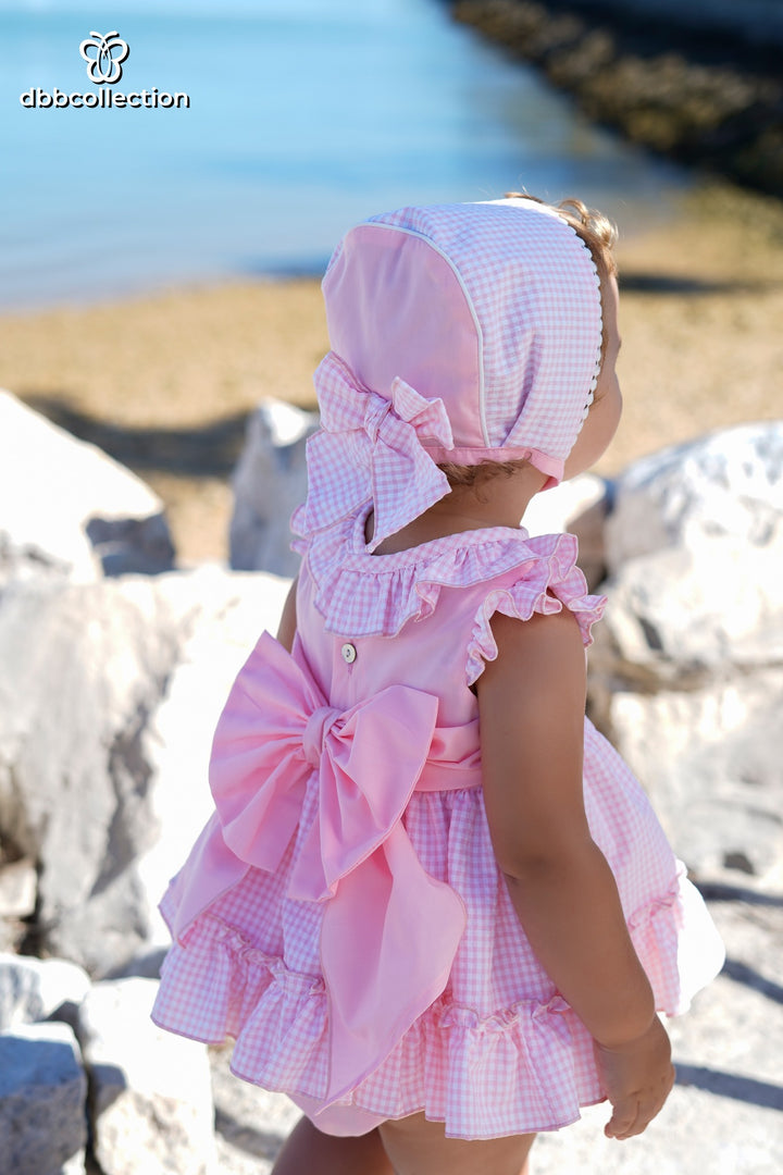 DBB Collection Baby Girls Pink Gingham Dress, Pants & Bonnet Set - 24901