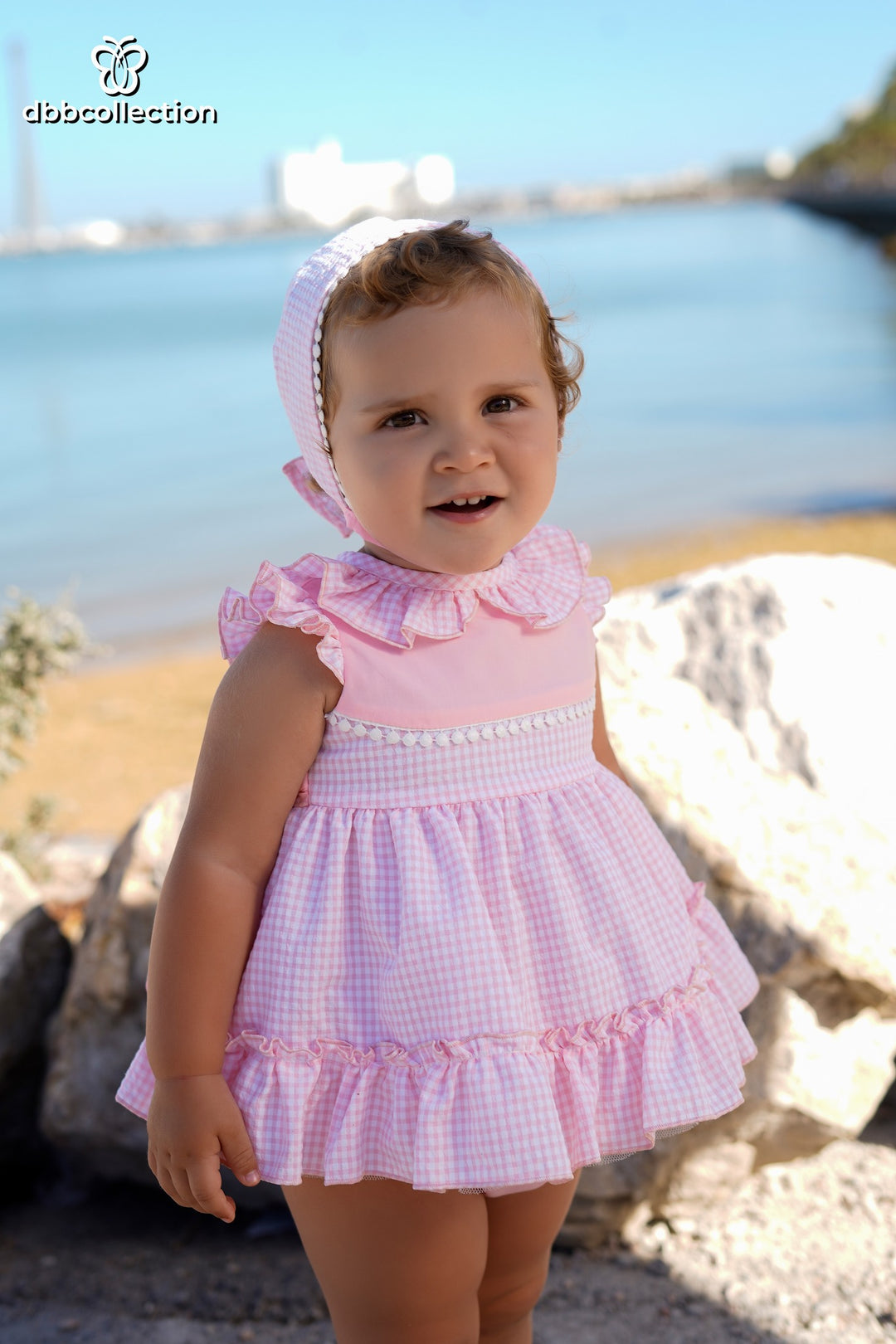 DBB Collection Baby Girls Pink Gingham Dress, Pants & Bonnet Set - 24901