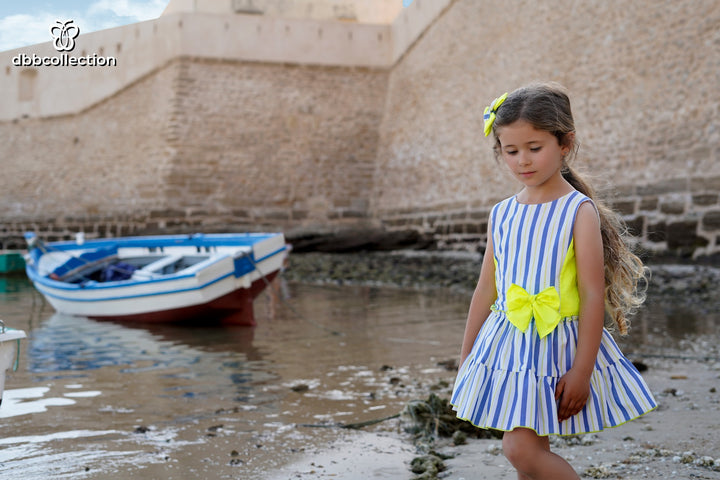 DBB Collection Girls Blue & Neon Yellow Dress With Big Bow On The Back - 22803
