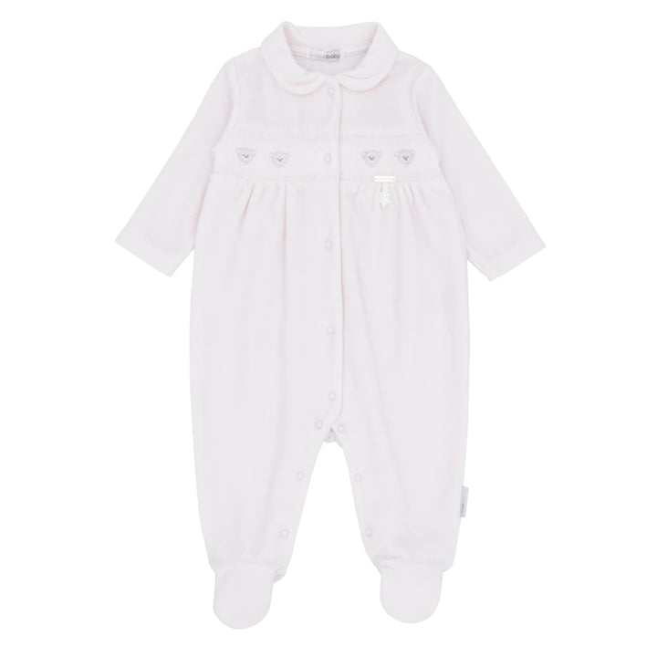 Blues Baby Girls Pink Velour All In One Smocked Teddy Bear Babygrow Sleepsuit - BB2066P