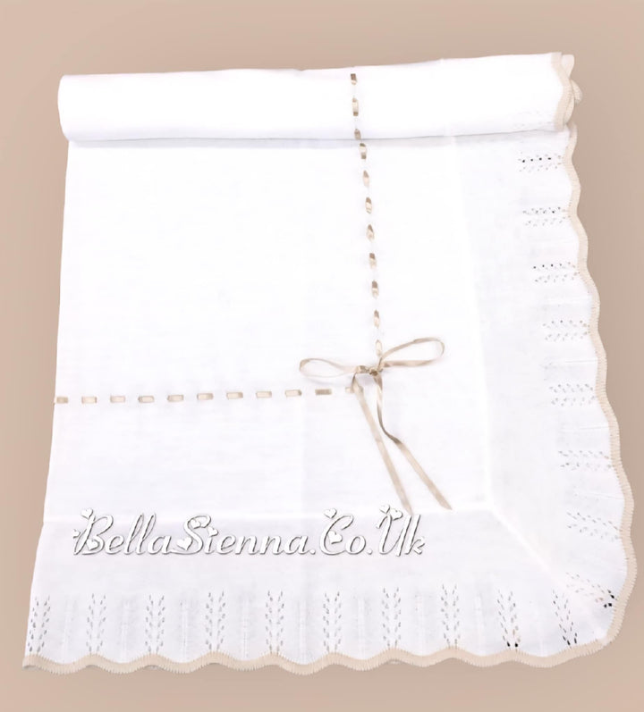 Bella Sienna Ivory With Beige Ribbon Knitted Luxury Shawl With Bow - 3752