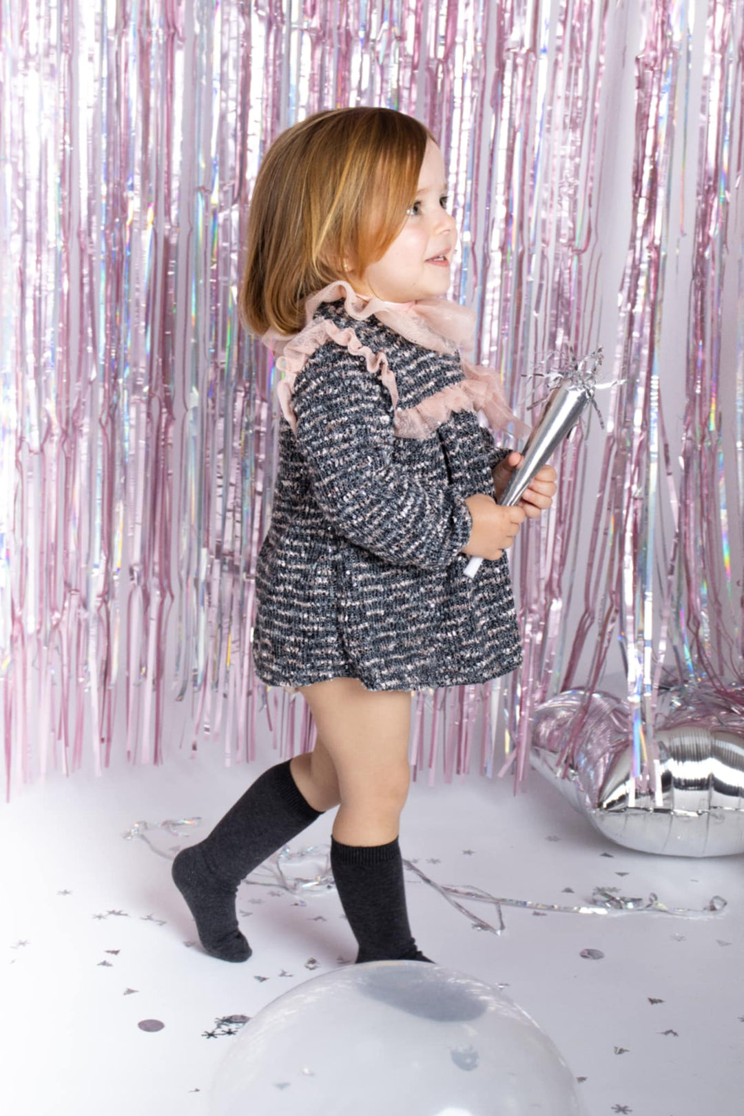 Calamaro Girls Charcoal Grey & Dusky Pink Tweed Dress With Shimmer Pants - 22107