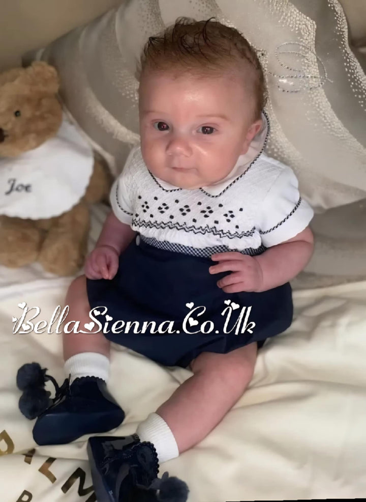 Pretty Originals Baby Boys Navy Blue & White Hand Smocked Outfit - MT02386