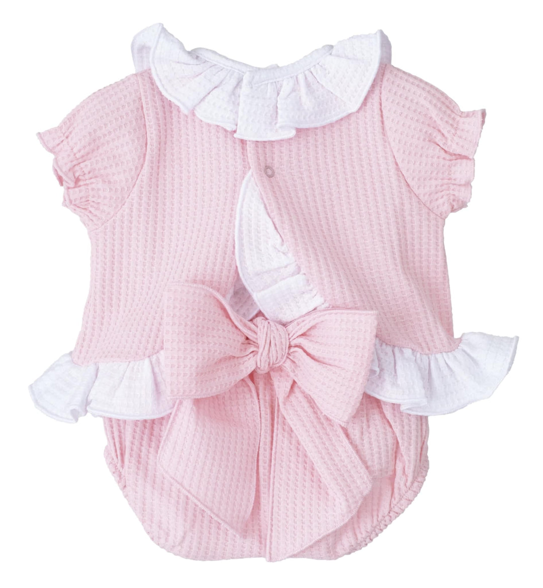 Calamaro Girls Two Piece Pink & White Waffle Jam Pants Set With Pretty Back & Bow Pants - 11097