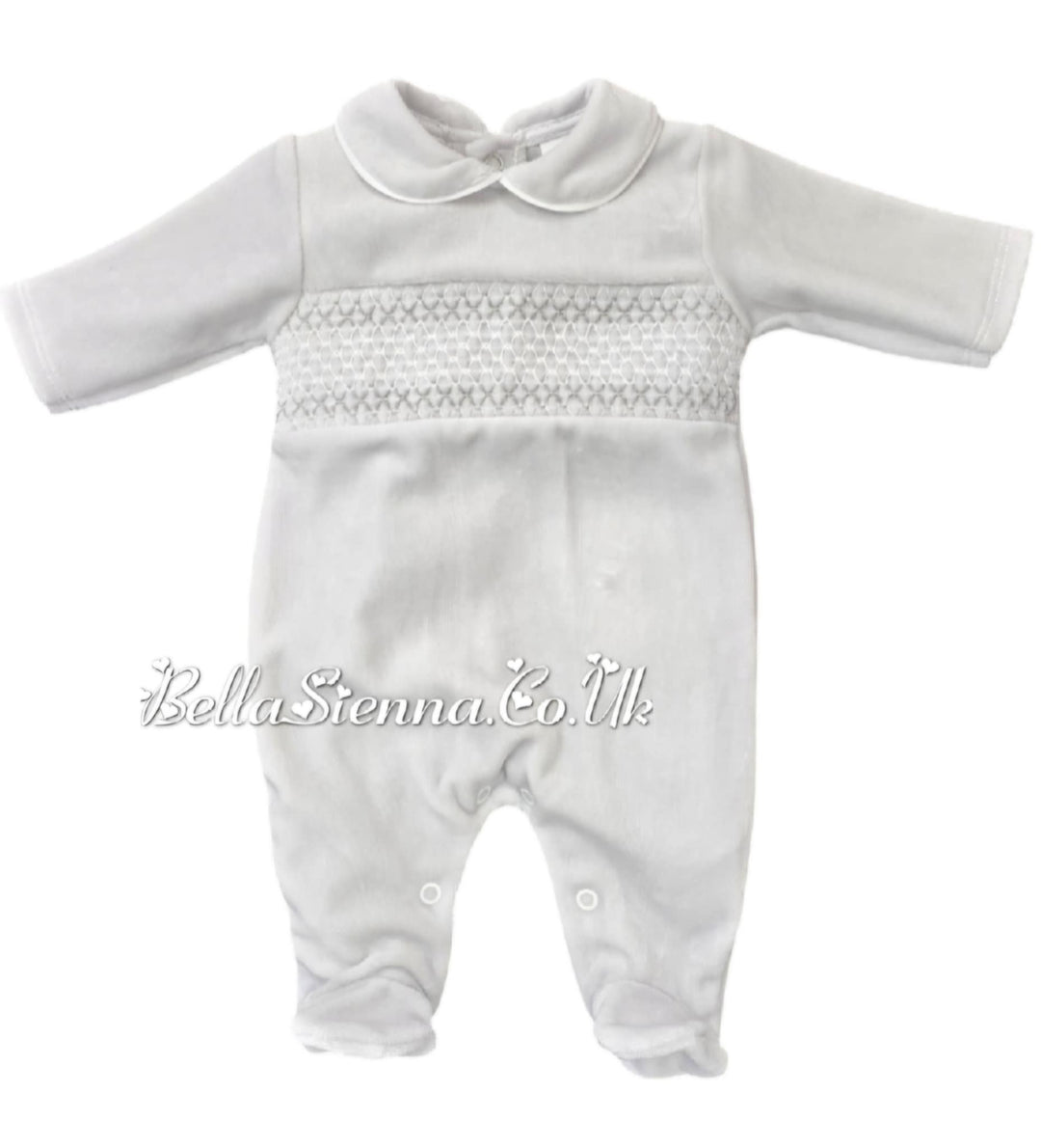 Bella Sienna Grey Velour Baby Smocked All-in-One