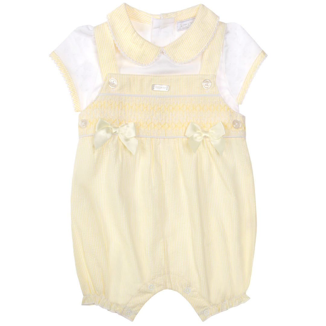 Girls Two Piece Lemon & White Smocked Dungaree & Top Set With Bows - 8045A